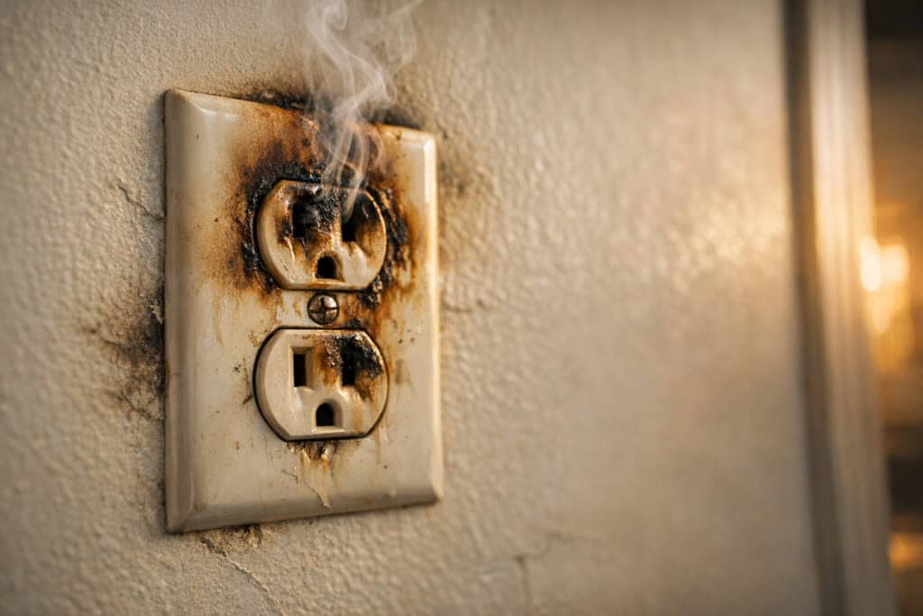 Beschadigd stopcontact met brandsporen en verkleuring door oververhitting