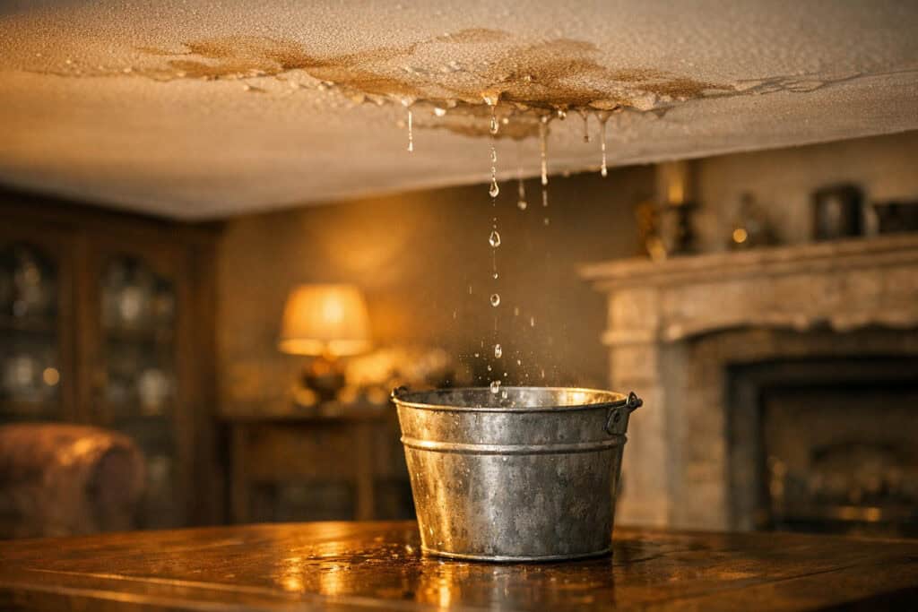 Waterdruppels en vochtplekken op plafond door lekkend dak na hevige regen