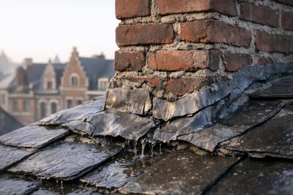 Versleten loodslabben rond schoorsteen op dak met zichtbare lekkage
