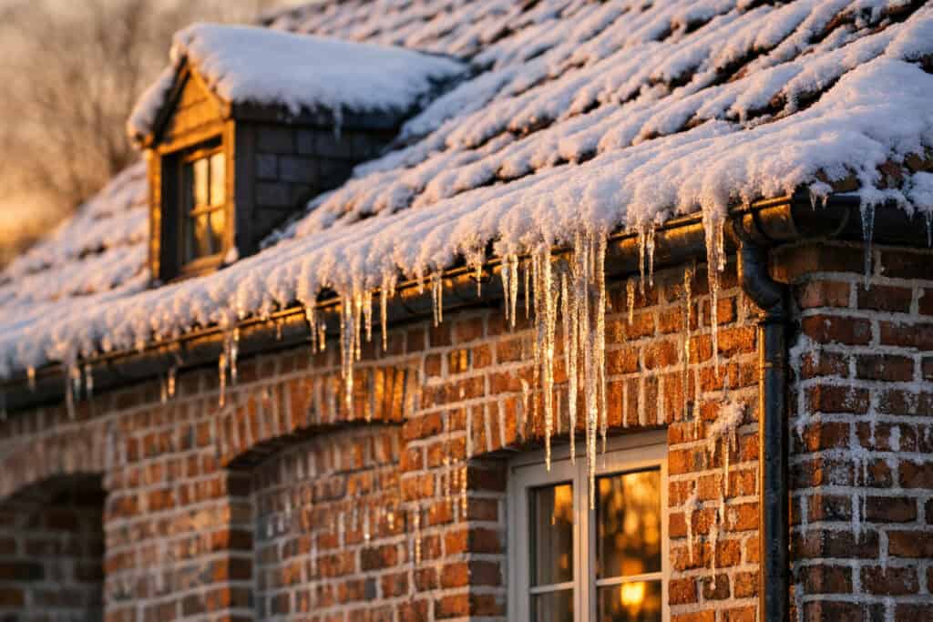 IJspegels aan dakrand en goot in de winter door slechte isolatie