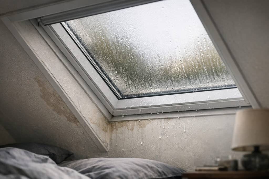 Lekkend dakraam met waterdruppels langs het kozijn en vochtschade
