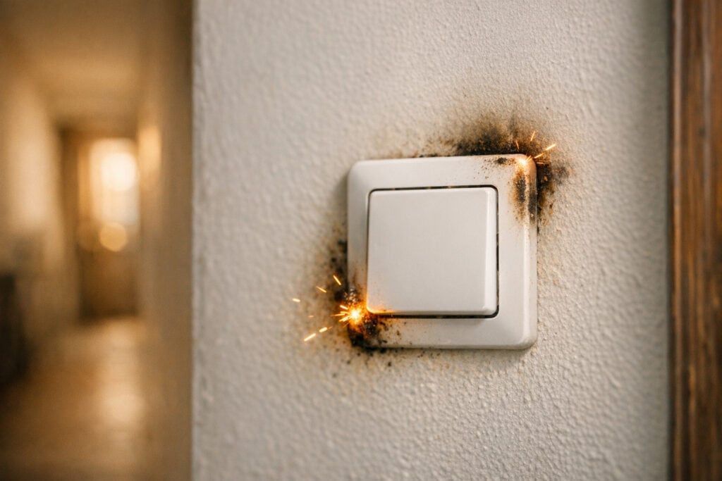 Vonkende lichtschakelaar met schroeiplekken bij indrukken