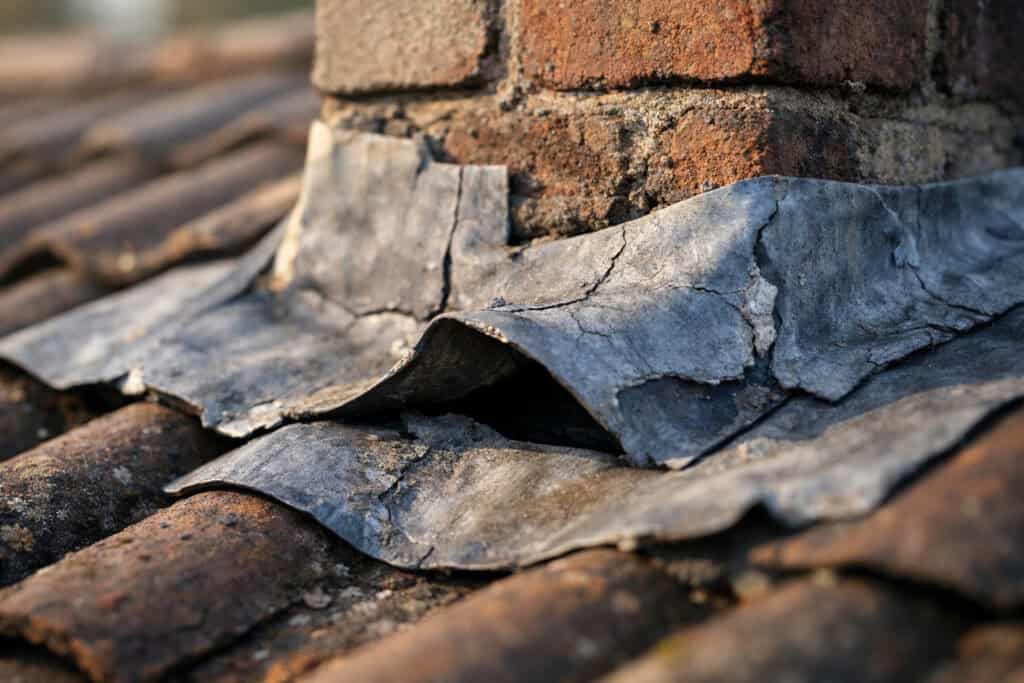 Versleten loodslabben rond schoorsteen die vervangen moeten worden