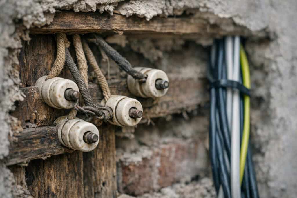 Verouderde elektrische bedrading die moet worden vervangen bij renovatie