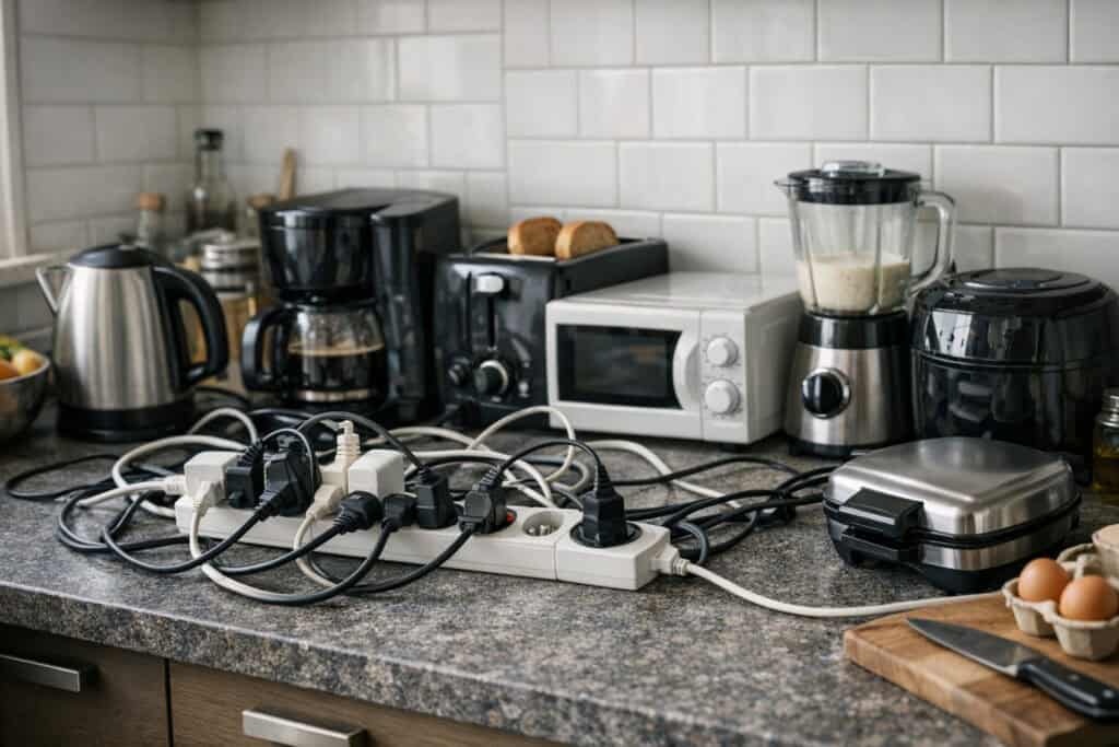 Overbelast stopcontact in keuken met te veel apparaten en verlengsnoeren