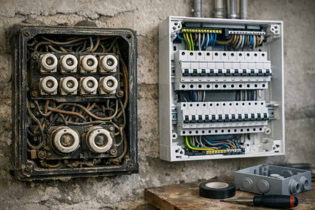 Verouderd elektrisch bord met zekeringen dat vervangen moet worden