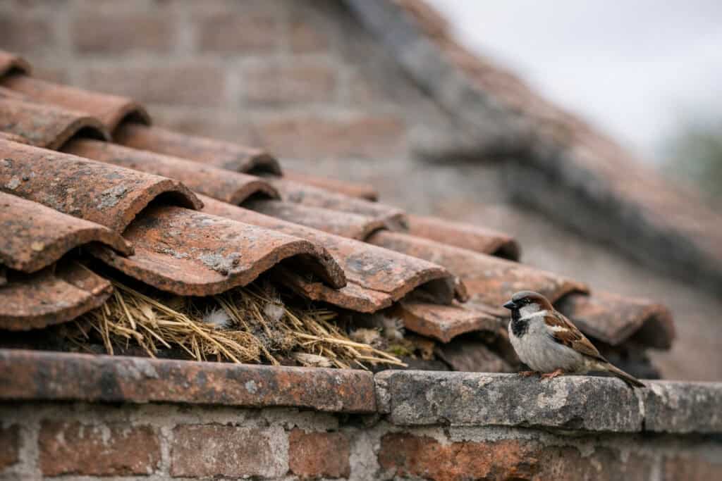 Vogelnest onder dakpannen met nestmateriaal zichtbaar
