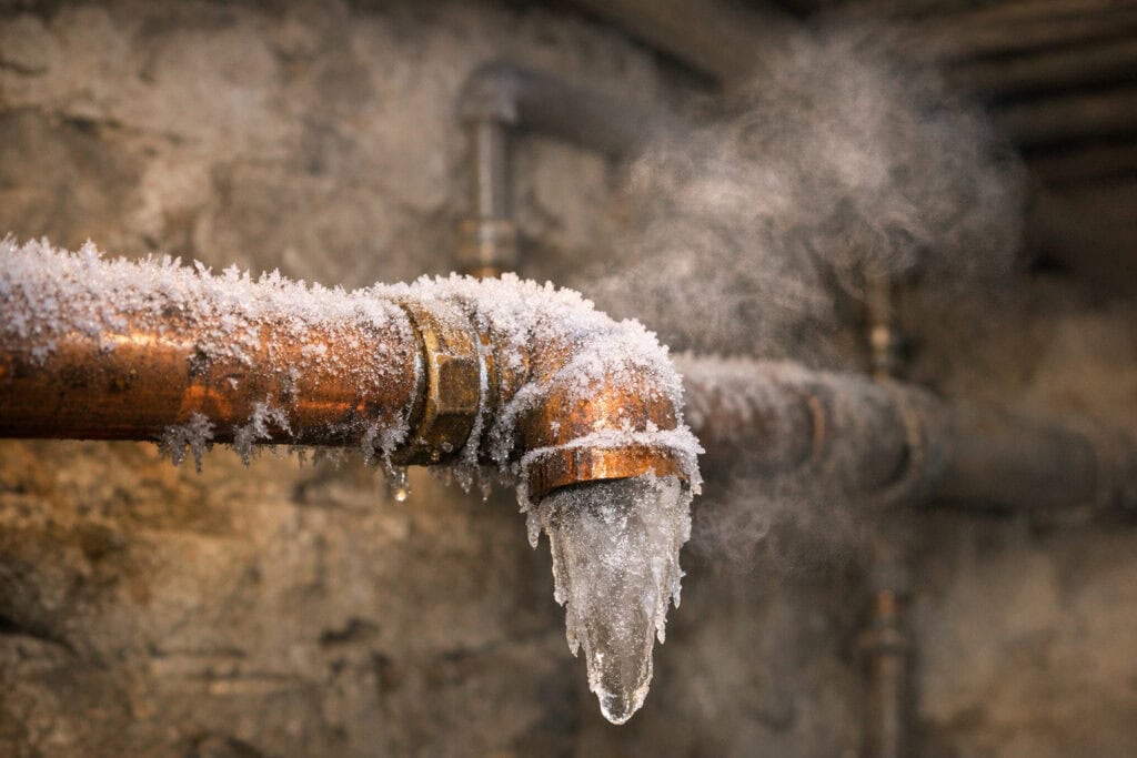 Bevroren waterleiding met ijsvorming in kelder tijdens winter