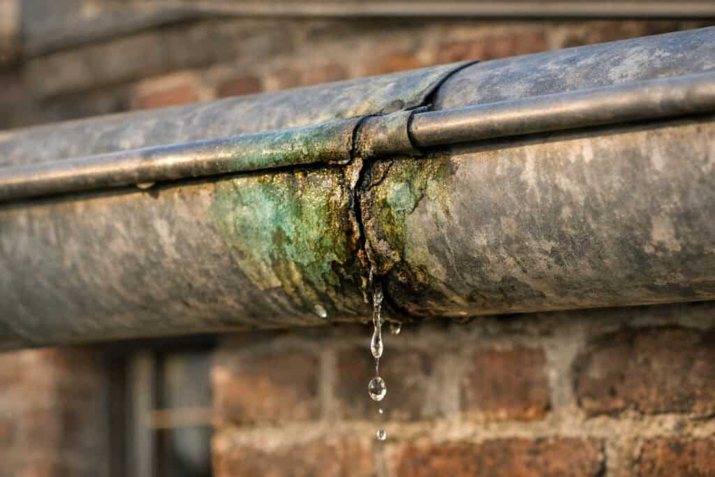 Lekkende zinken dakgoot bij de naden met waterdruppels