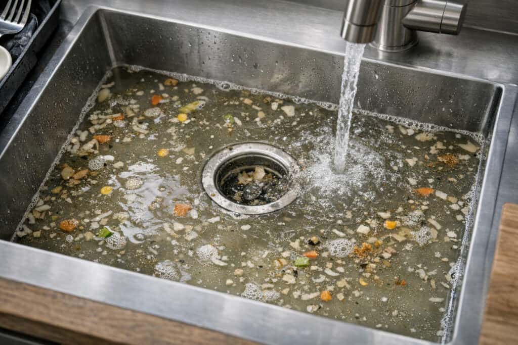 Verstopte keukenafvoer met stilstaand vuil water in spoelbak