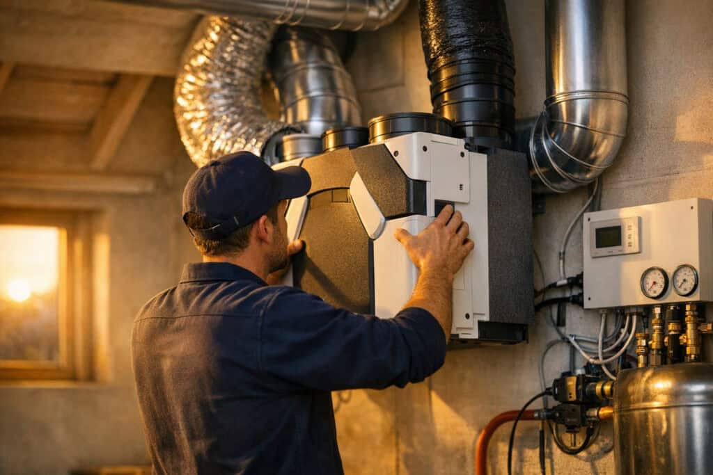 Specialist bezig met afzuigventilator installatie in een woning