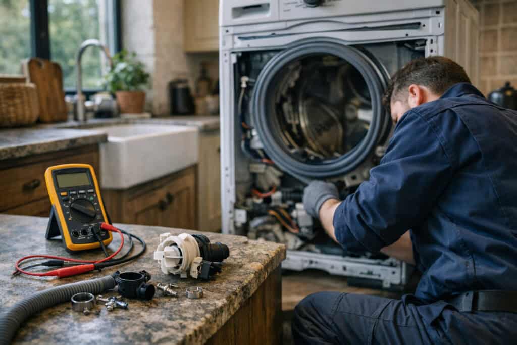 Vakman die apparaat reparatie uitvoert aan een woning