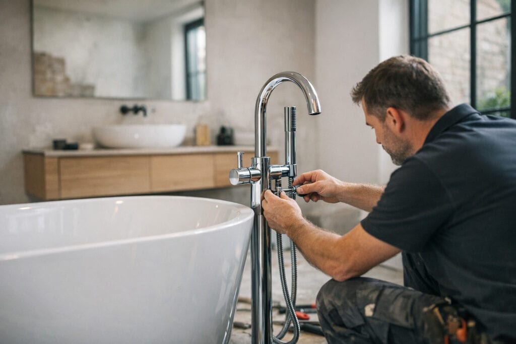 Vakman die advies geeft over badkamer ontwerp