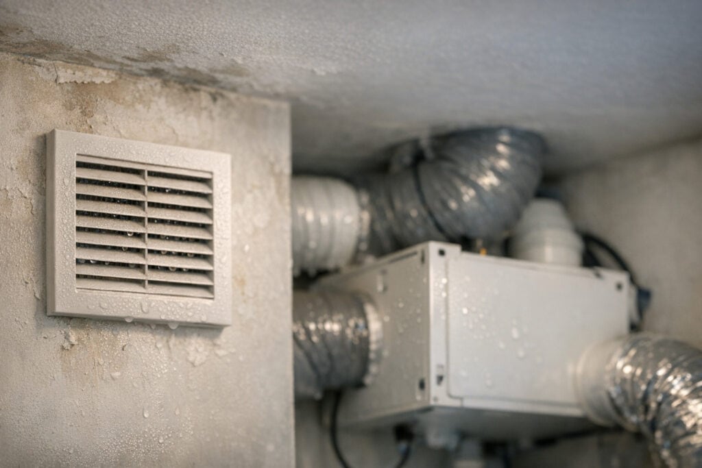 Beslagen badkamerspiegel en vochtige tegels ondanks draaiende afzuigventilator