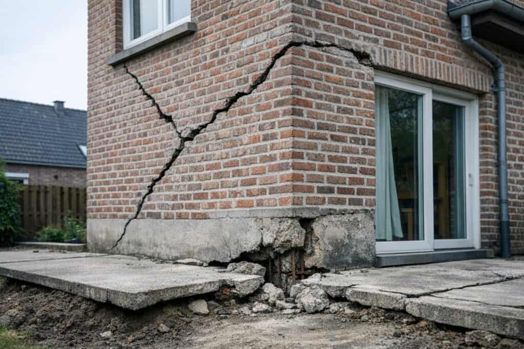 Betonnen balkon met afbrokkelende rand en zichtbare wapeningsschade