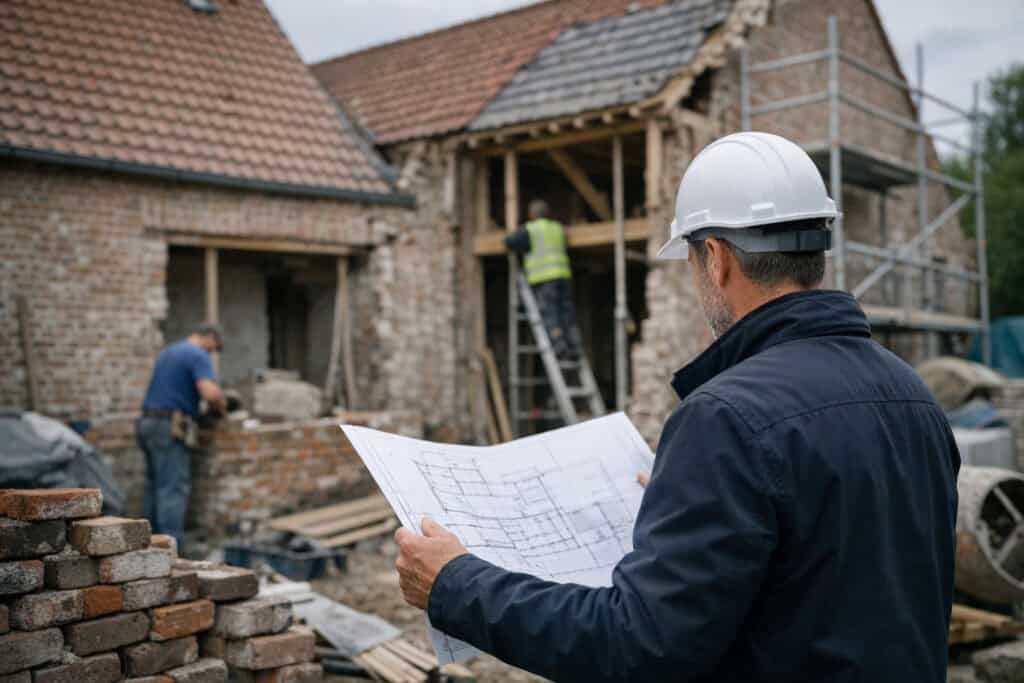 Ervaren vakman gespecialiseerd in beton opnieuw afwerken aan het werk