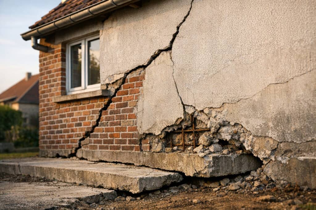 Betonrot op een balkonrand met afgebrokkeld beton en zichtbaar roestig staal
