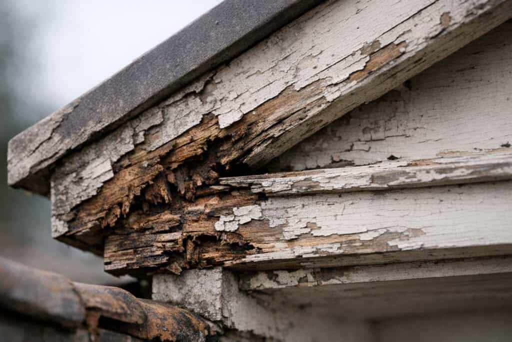 Beschadigde en verweerde boeidelen langs de dakrand