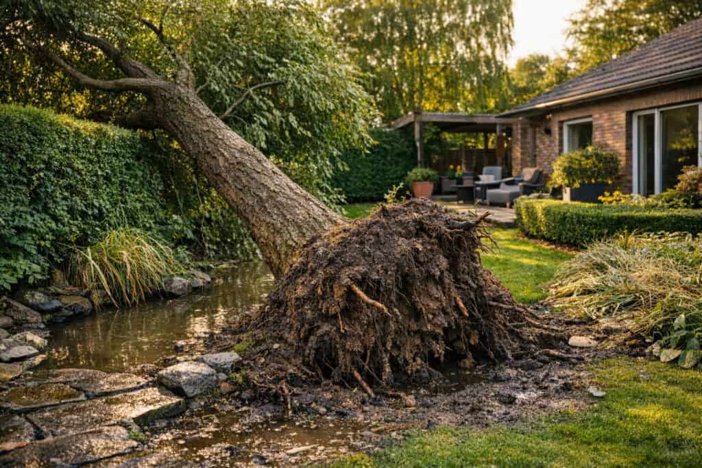 Scheefgezakte boom met losgewoelde wortels na stormweer