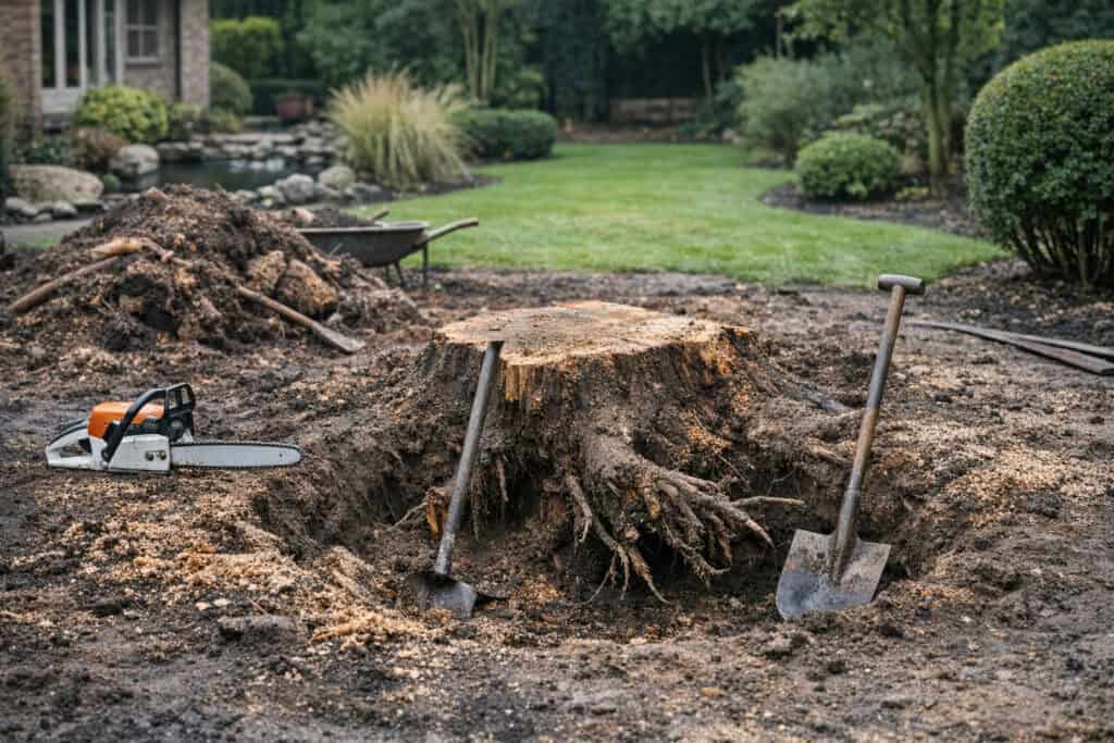 Boomstronk in een tuin die uitgestoken moet worden na het kappen