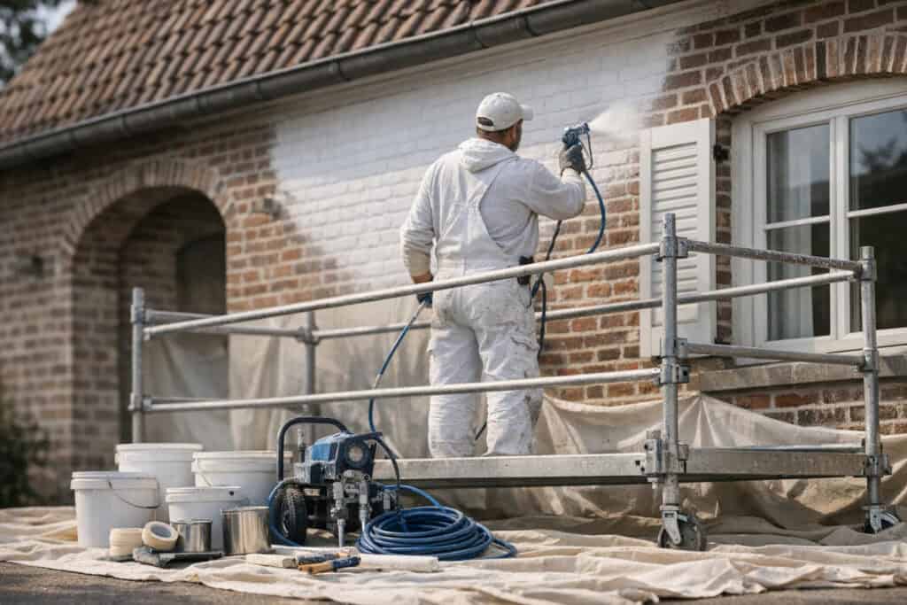 Ervaren vakman gespecialiseerd in buitenschilderwerk aan het werk