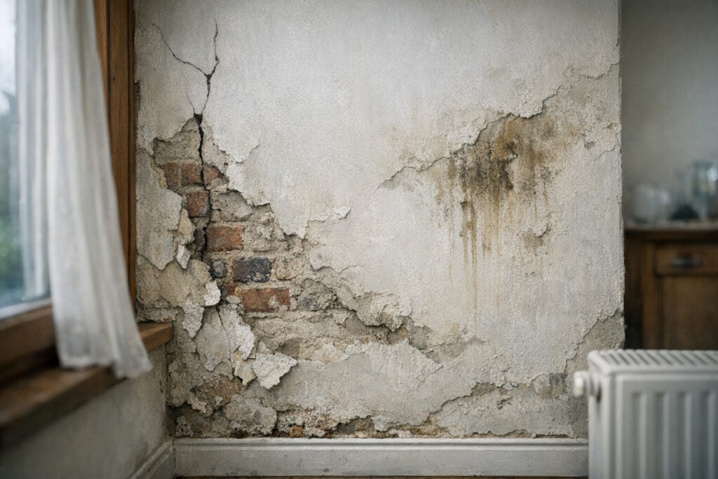 Fijn craquelé-patroon in oud pleisterwerk op een binnenmuur