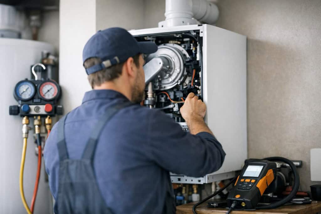 Vakman die cv-ketel reparatie uitvoert aan een woning