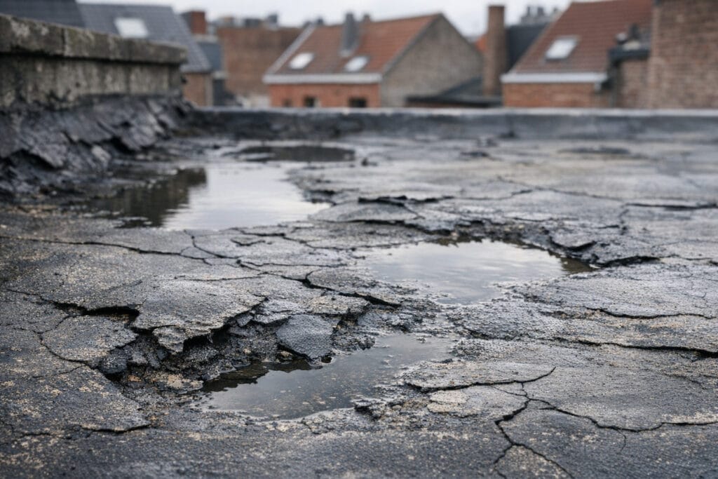 Verouderde dakbedekking op plat dak met scheuren en blaren
