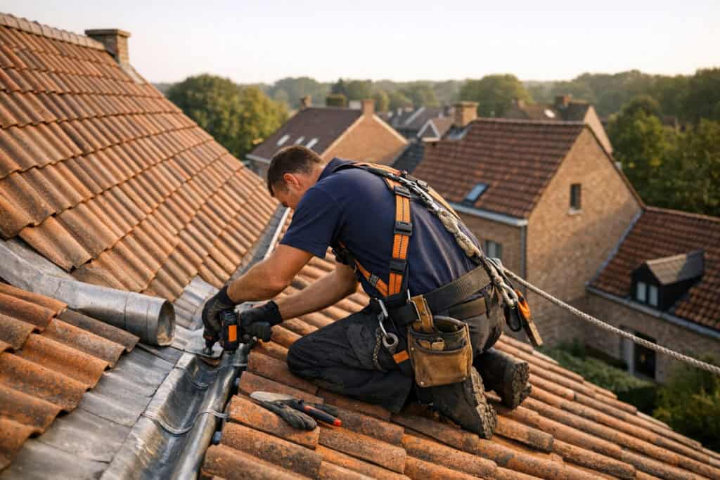 Specialist bezig met dakgoot installatie in een woning