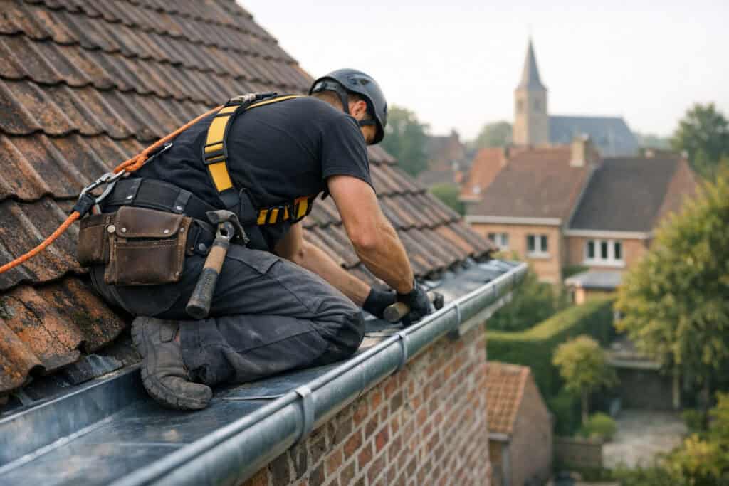 Vakman die dakgoot reparatie uitvoert aan een woning