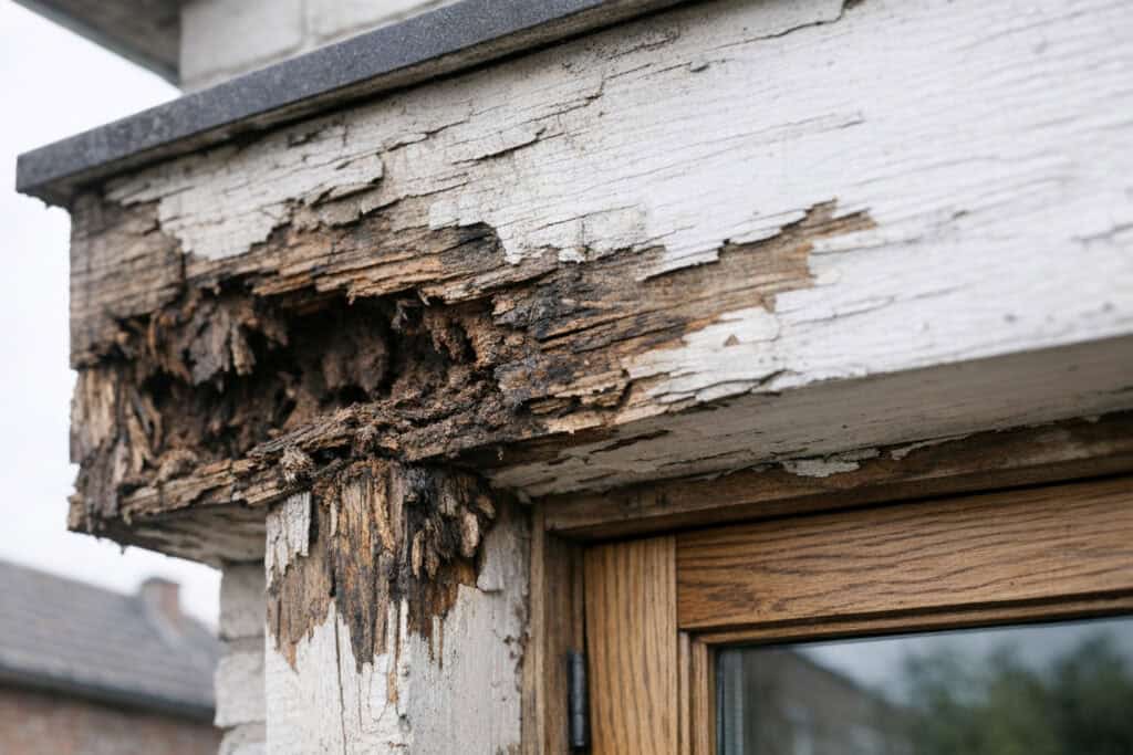 Verrotte houten dakoversteek met zacht en verkleurd hout