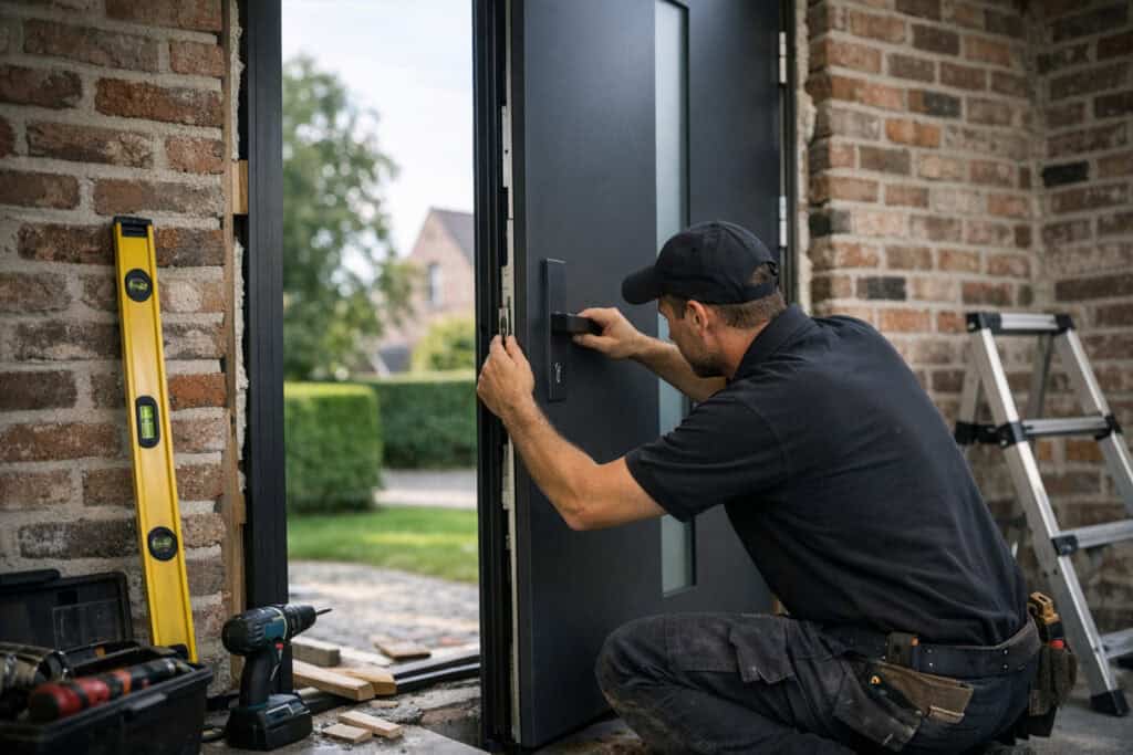 Specialist bezig met deur installatie in een woning
