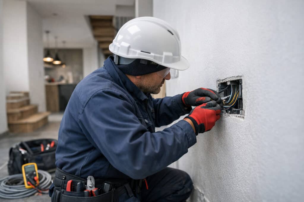 Specialist bezig met deurbel installatie in een woning