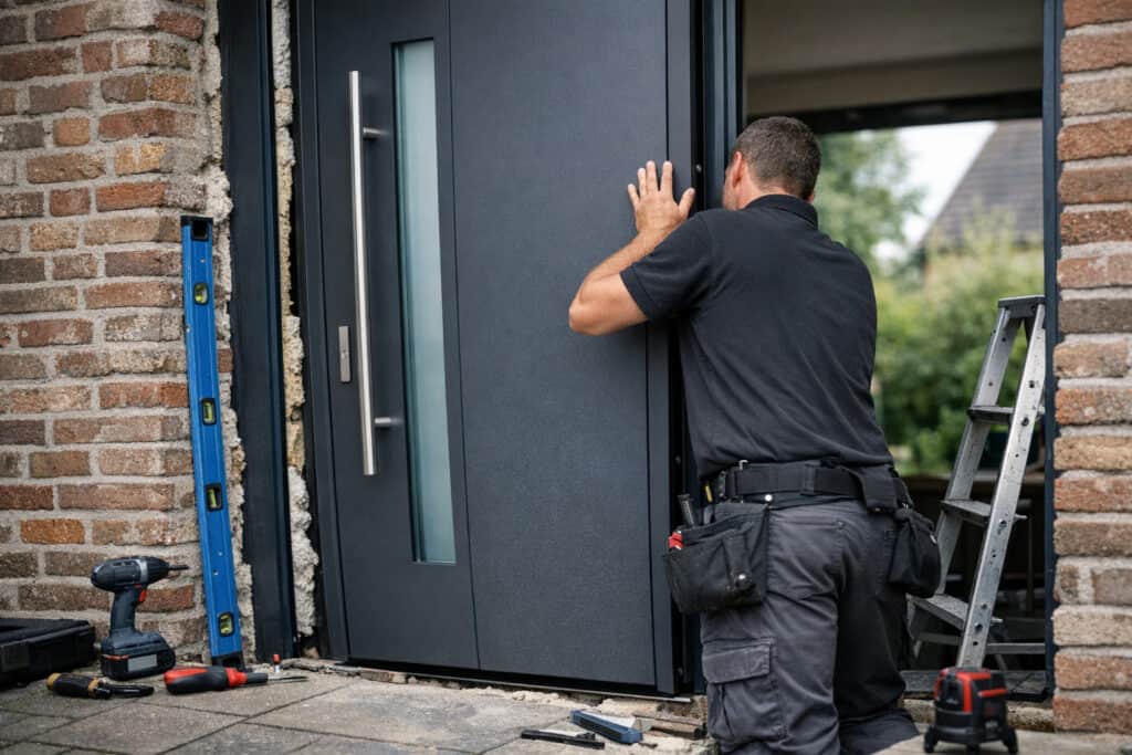 Ervaren vakman gespecialiseerd in deuren aan het werk