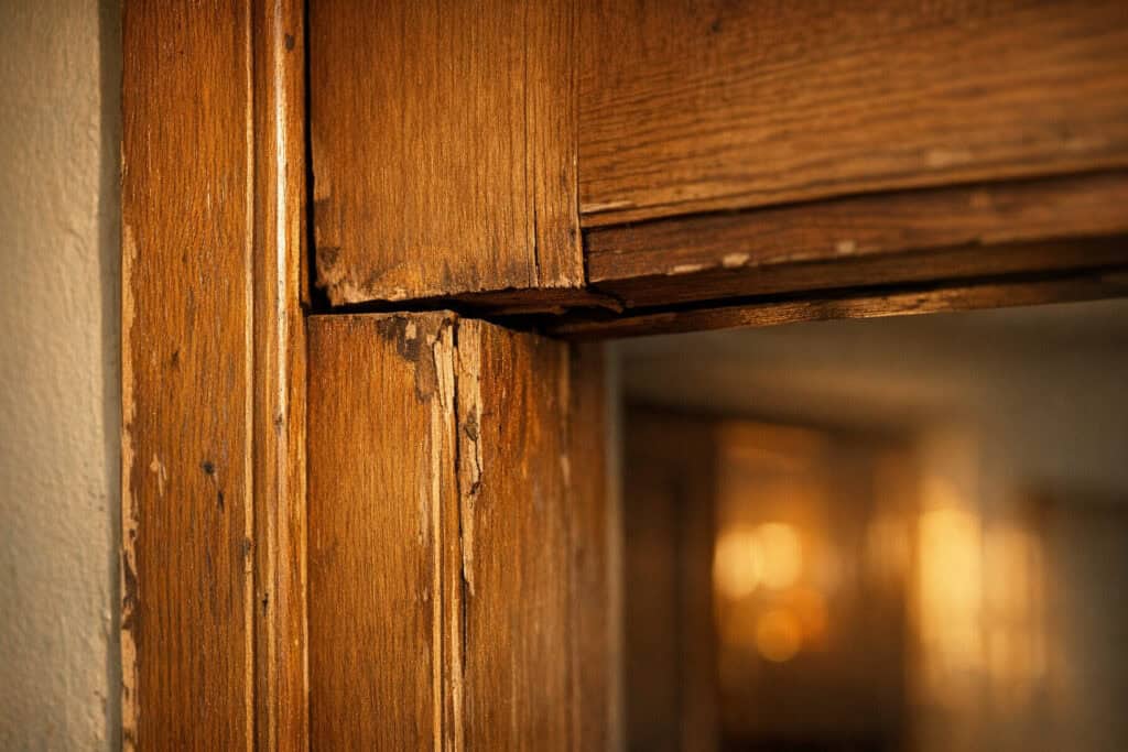 Scheef gezakt deurkozijn met ongelijke spleet rondom de deur