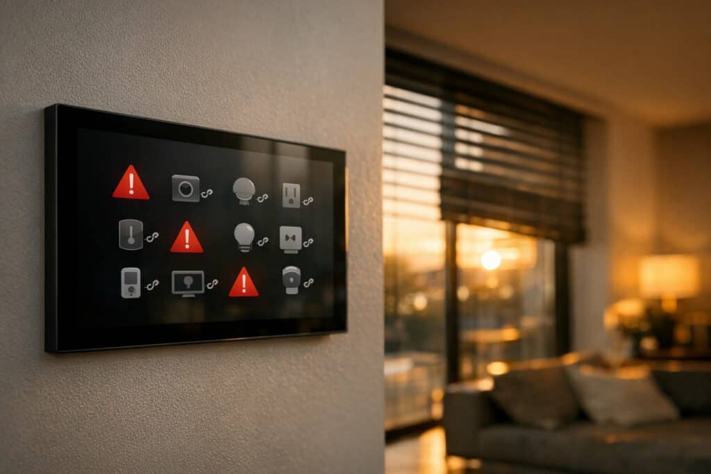 Smart home domoticasysteem met foutmeldingen op bedieningspaneel