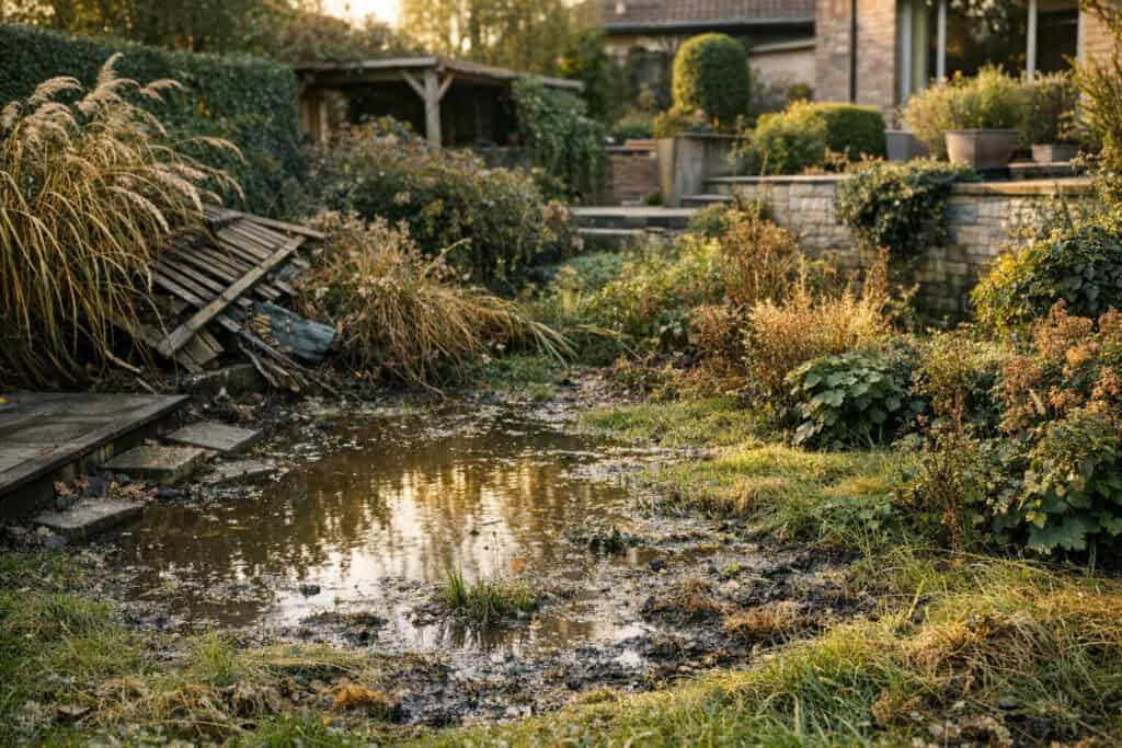 Ondergelopen gazon met plassen water door een defecte tuindrainage