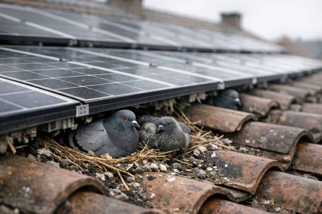 Duiven die nestelen onder zonnepanelen op het dak