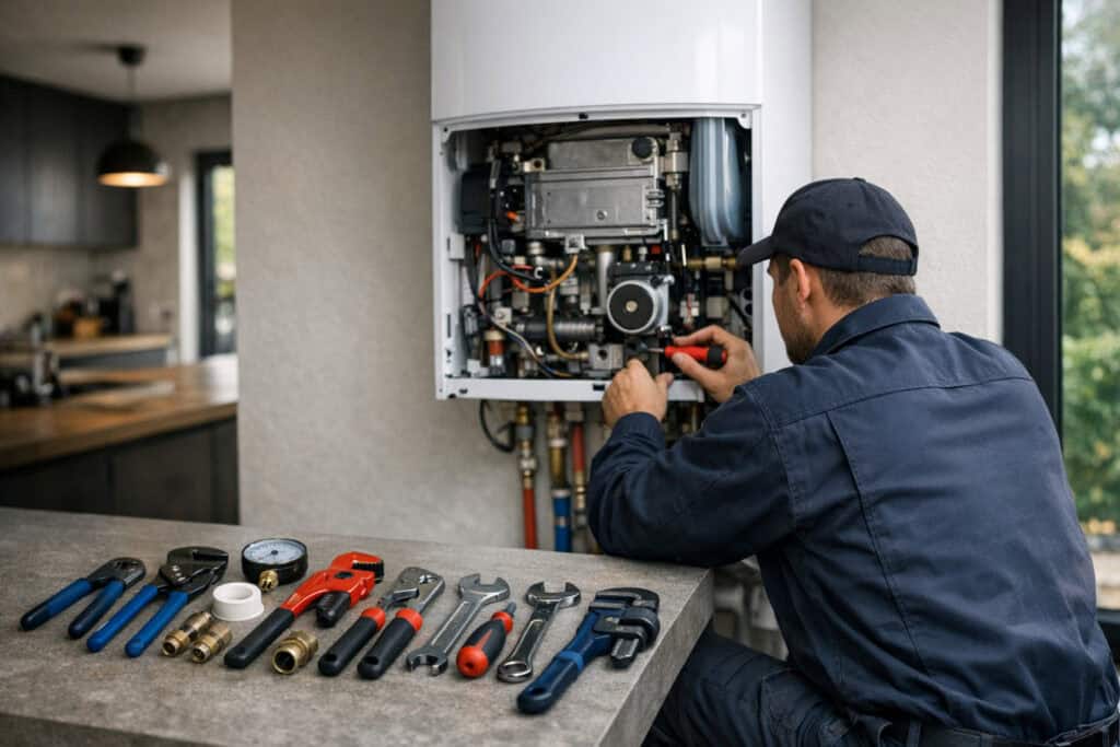 Vakman die elektrische boiler reparatie uitvoert aan een woning