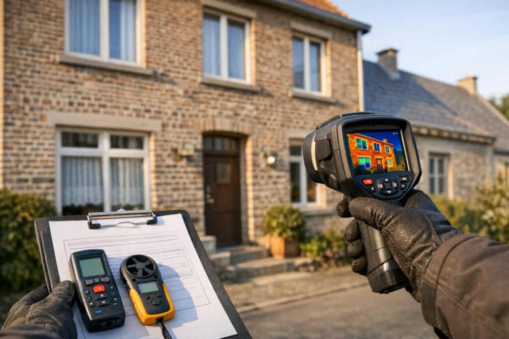 Keurder die een energie-audit uitvoert met professioneel meetmateriaal