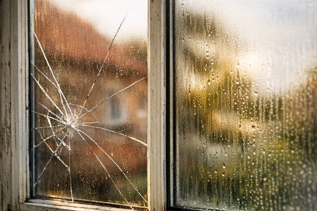 Oud enkel glas raam naast een modern dubbel glaspakket als vergelijking