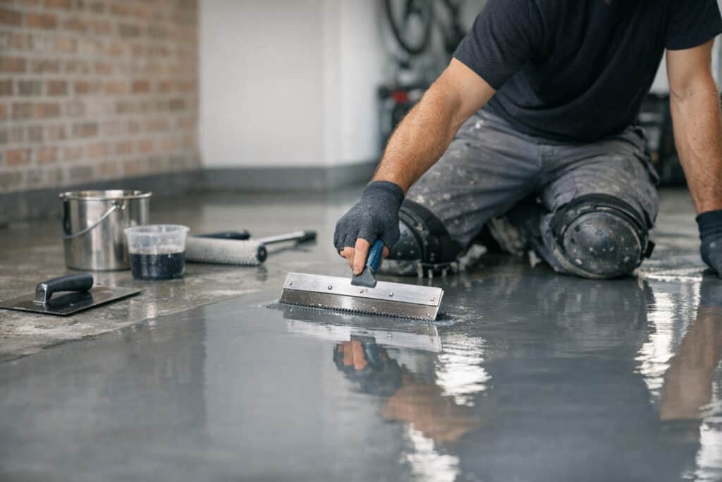 Ervaren vakman gespecialiseerd in epoxy vloeren aan het werk