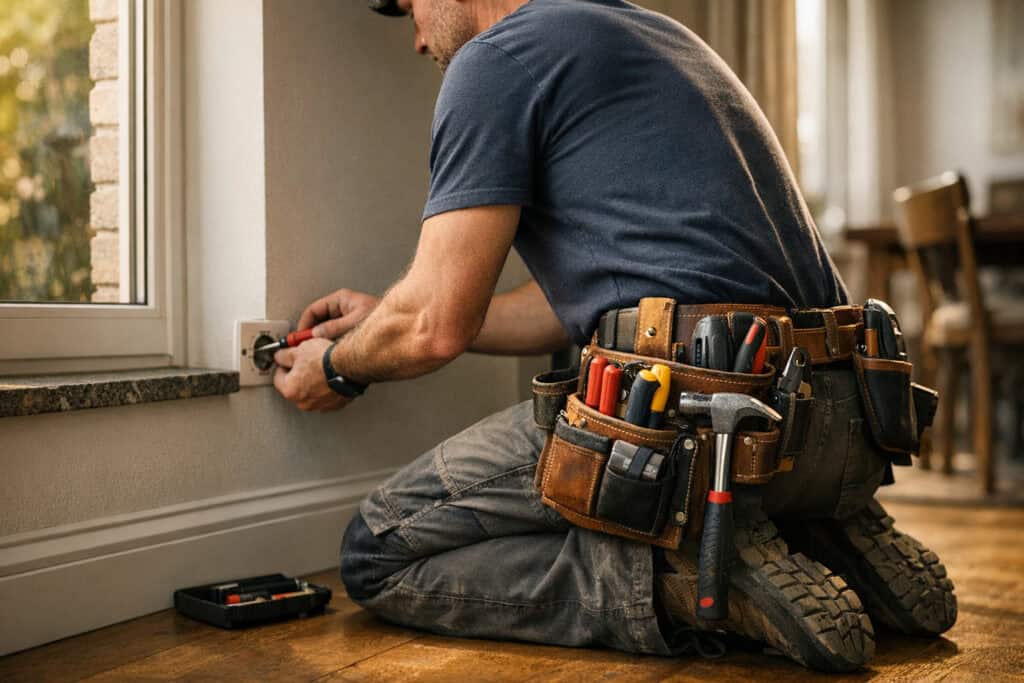 Specialist bezig met fundatie drainage installatie in een woning