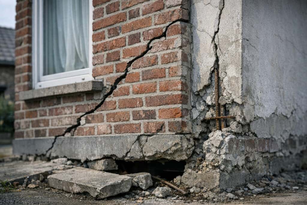 Zichtbare scheurvorming op de aansluiting tussen een garage-aanbouw en de woning