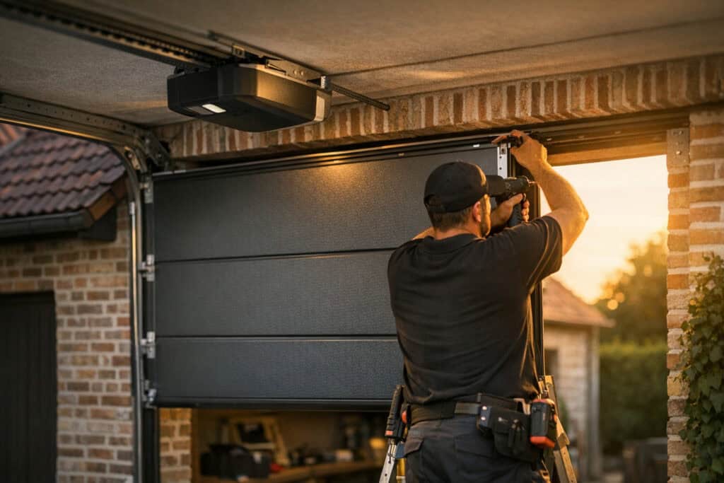 Ervaren vakman gespecialiseerd in garagedeuren aan het werk