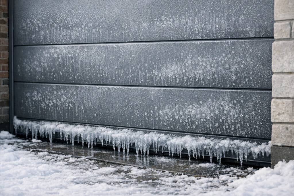 Bevroren garagepoort in de winter met ijsvorming aan de onderzijde