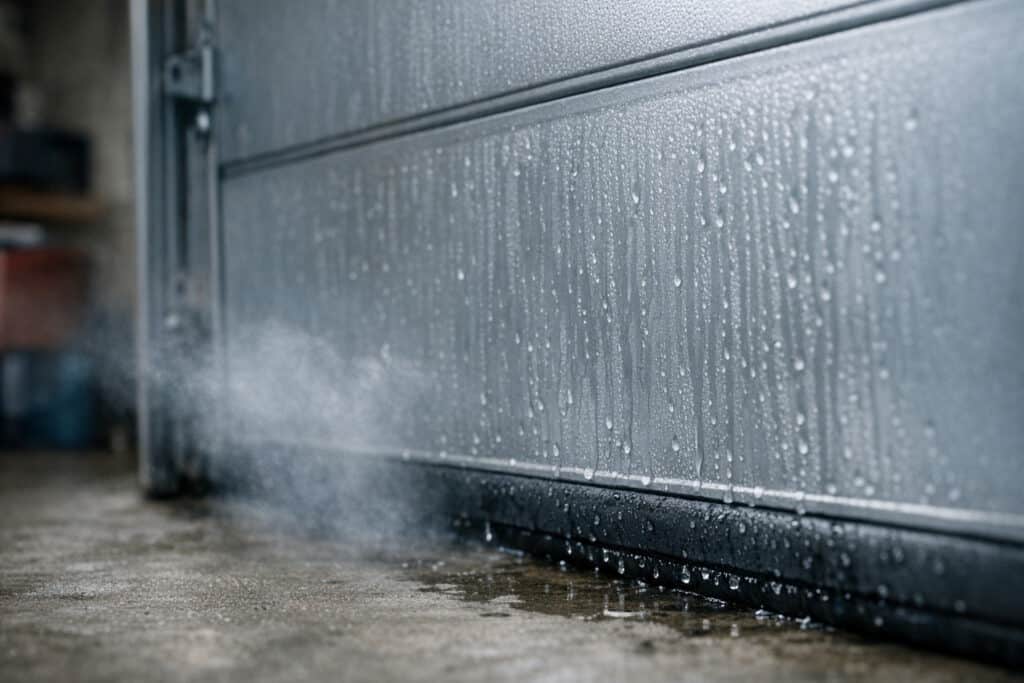 Slecht geïsoleerde garagepoort met condensvorming aan binnenzijde