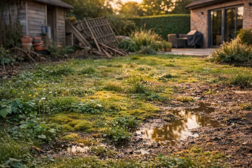 Gazon overwoekerd met mos en paardenbloemen tussen het gras