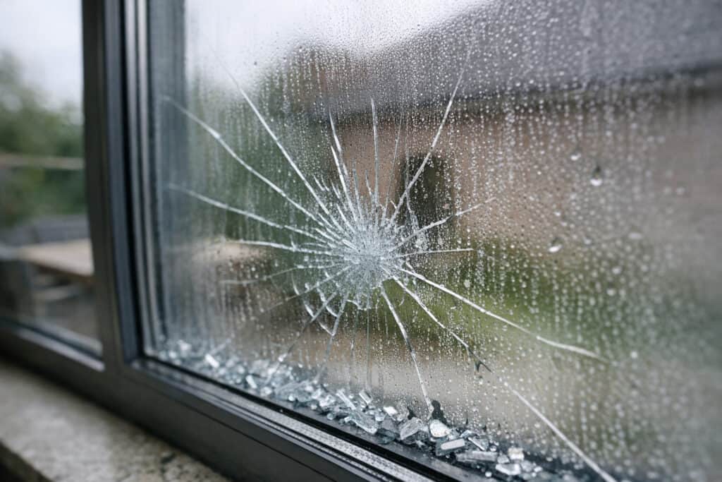 Spontaan gebroken gehard glaspaneel met typisch brokkelpatroon