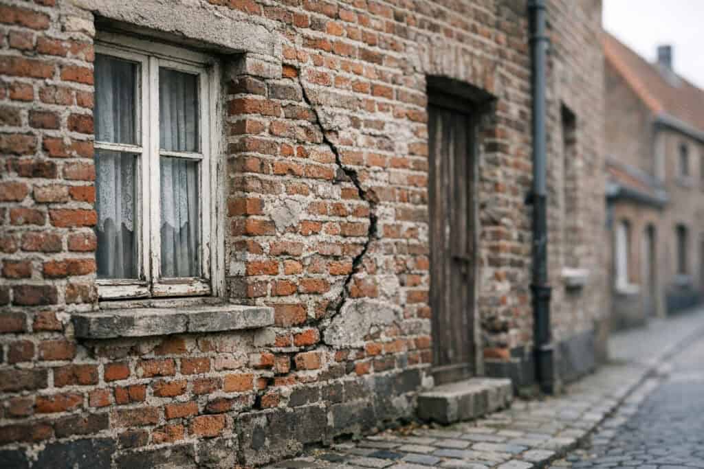 Verweerde en verkleurde bakstenen op een gevelmuur